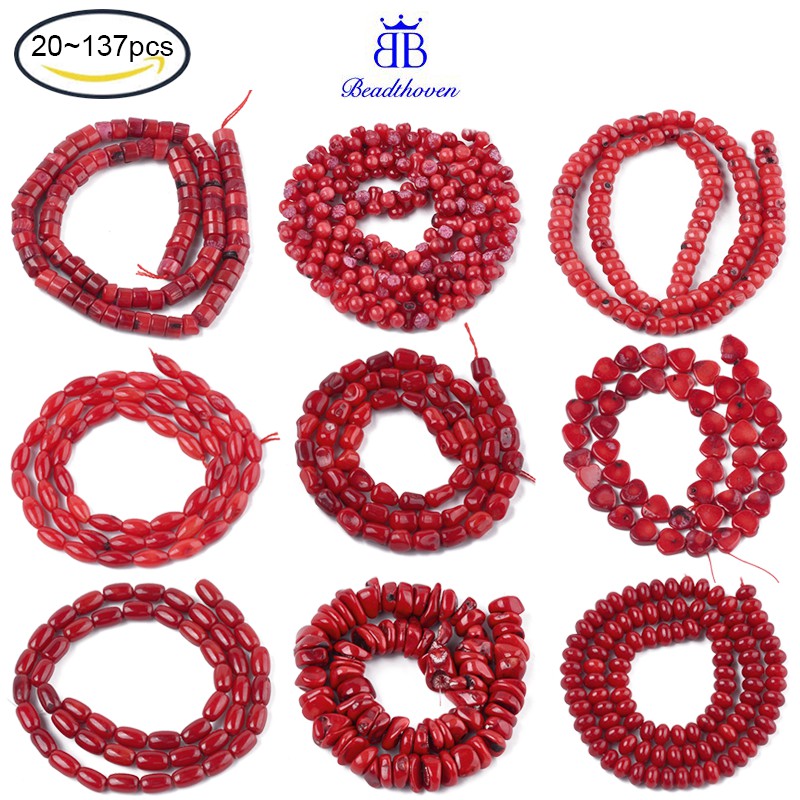 1 Dây hạt san hô tre giả nhuộm màu đỏ gạch 8x4mm lỗ 0.6mm khoảng 53 hạt 15.9 inch