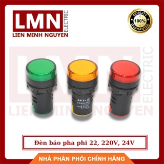 Đèn báo pha phi 22, 220v, 24v đỏ, vàng, xanh dùng cho tủ điện