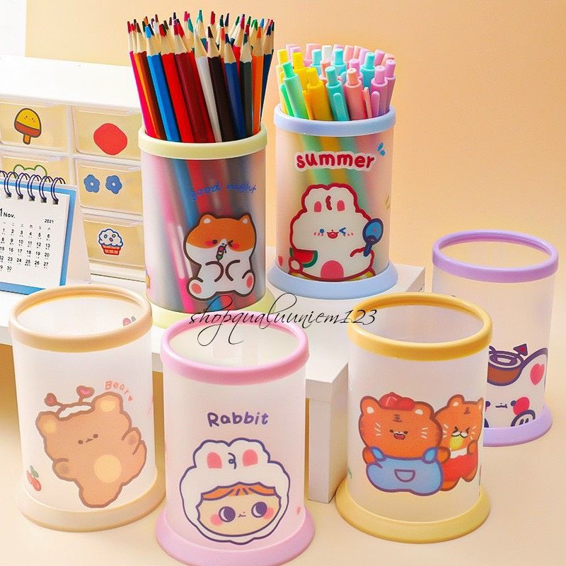 😽 Ống đựng bút hình tròn trong suốt chống thấm nước họa tiết hoạt hình dễ thương DIY 😽