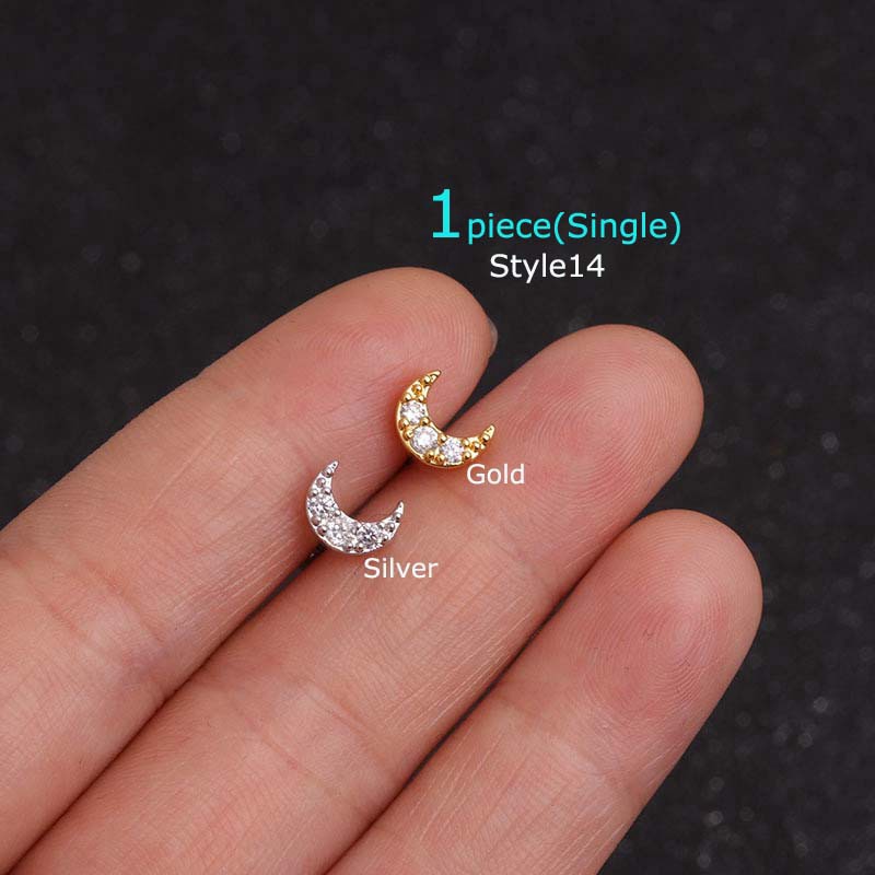 Khuyên tai đơn bằng thép không gỉ đính đá Zircon nhân tạo 16g