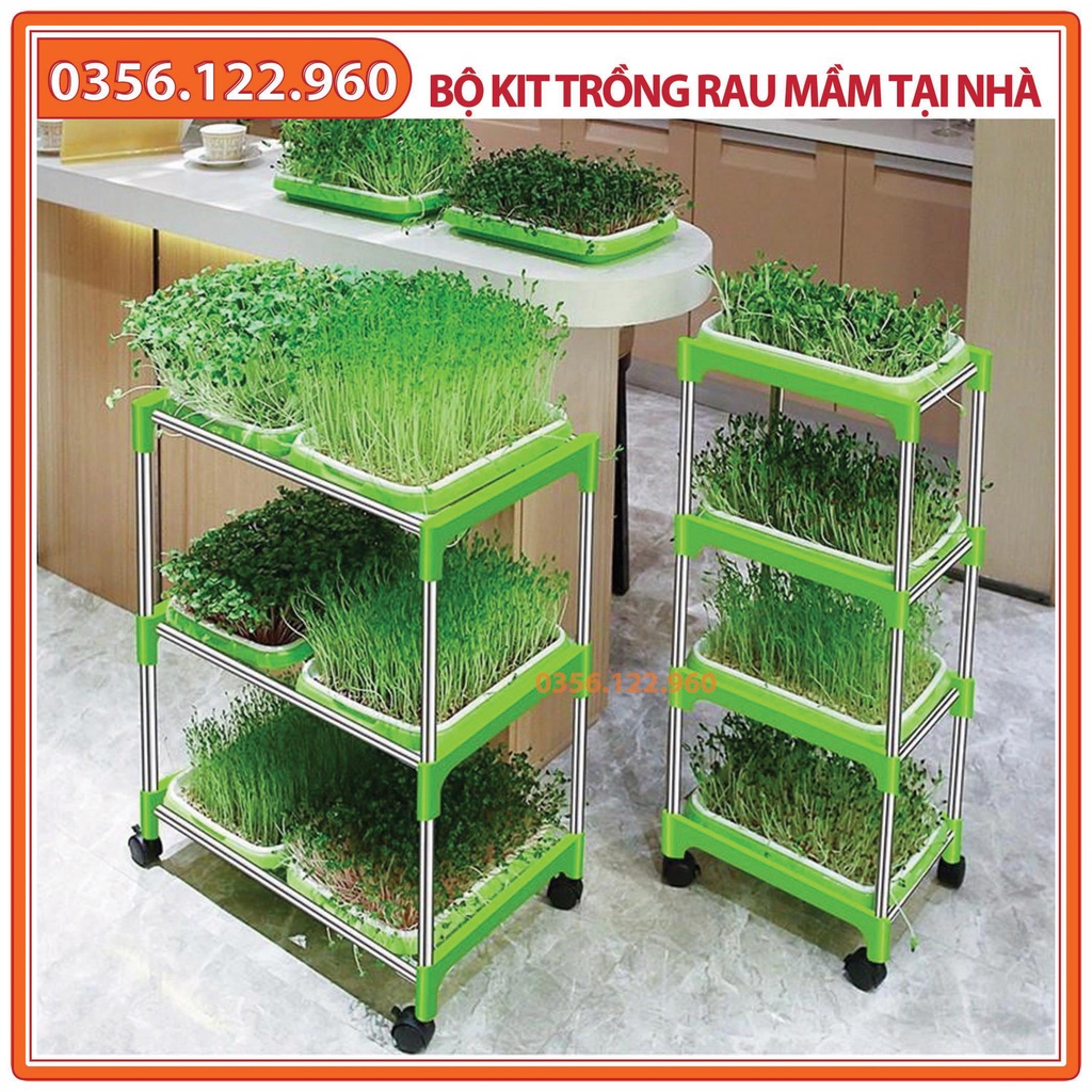 Khung để khay trồng rau mầm - loại 3 tầng có bánh xe - Giá đỡ khay rau mầm