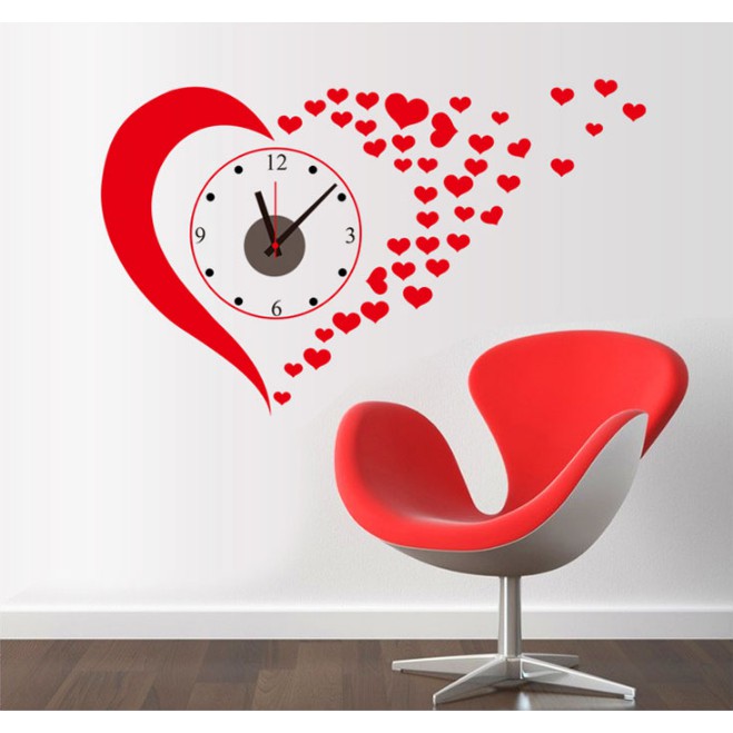 Decal trang trí Đồng Hồ dán tường - Mẫu Trái Tim đỏ ( Cao cấp )