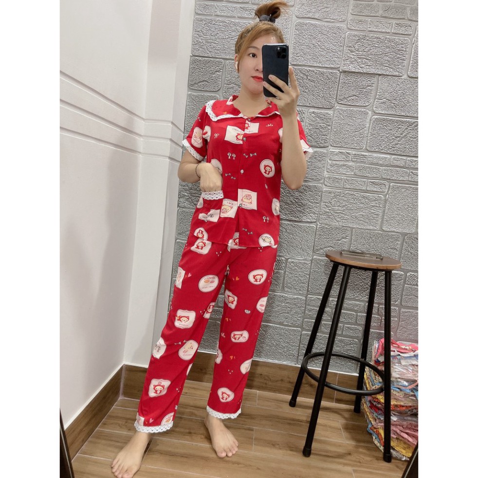 Bộ Đồ Bộ Pijama satin mềm Phối Ren Tay Ngắn Quần Dài Freesize <55kg [ảnh thật 100%] | BigBuy360 - bigbuy360.vn