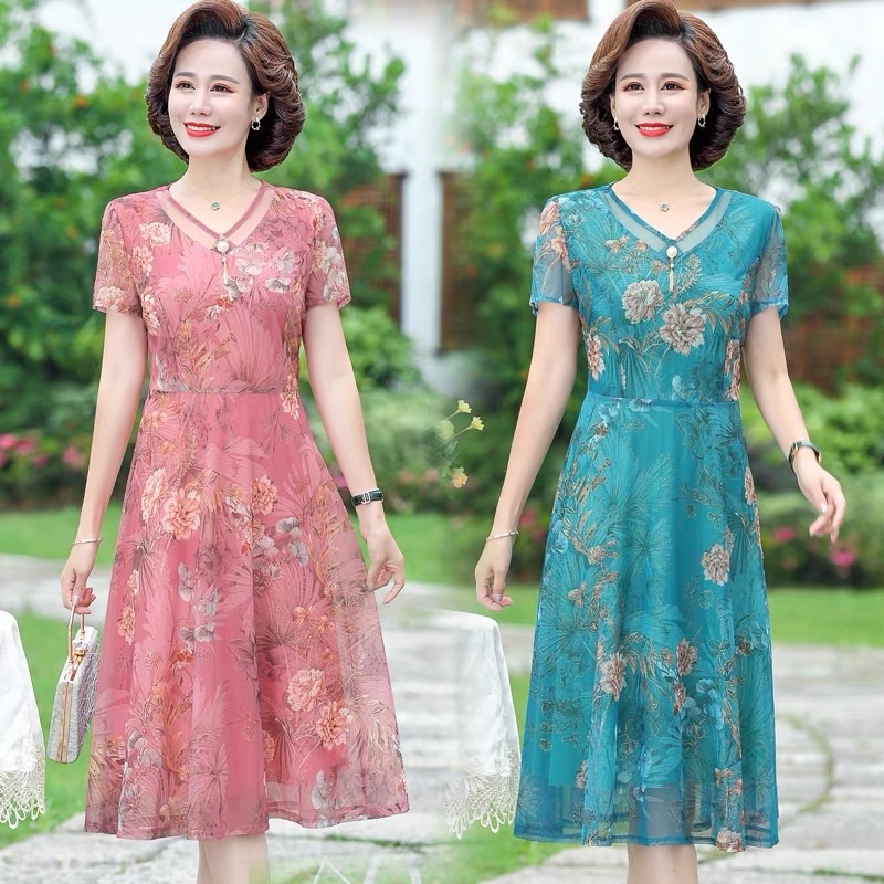 Đầm nữ trung niên ⚡HÀNG QUẢNG CHÂU⚡Váy trung niên cho mẹ, tay ngắn chất vải voan mềm nhẹ, mịn mát