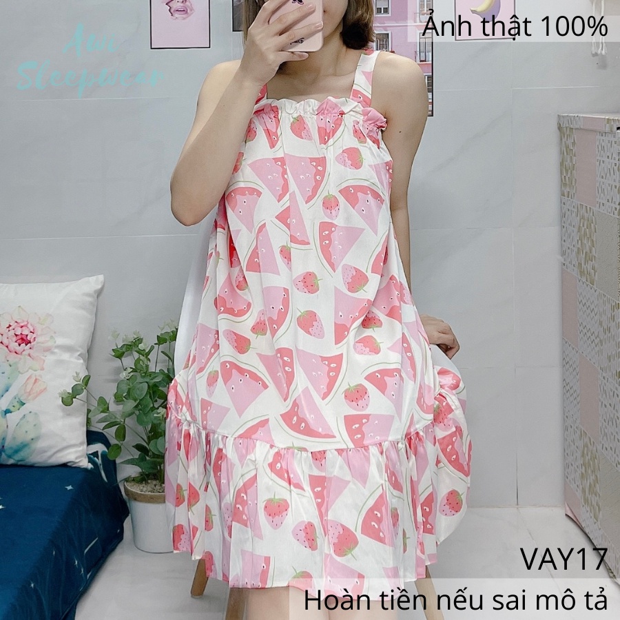 Váy Ngủ 2 Dây Hình Dưa Hấu Dễ Thương Chất Satin Mát Lạnh - Awi Sleepwear