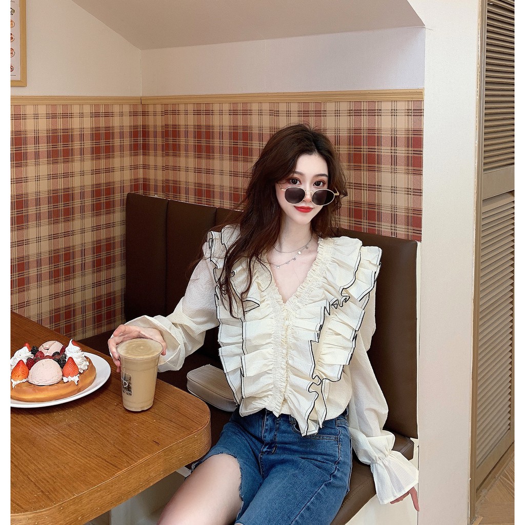 Áo form dài tay viền bèo HAF41 Hỉn Hỉn Store