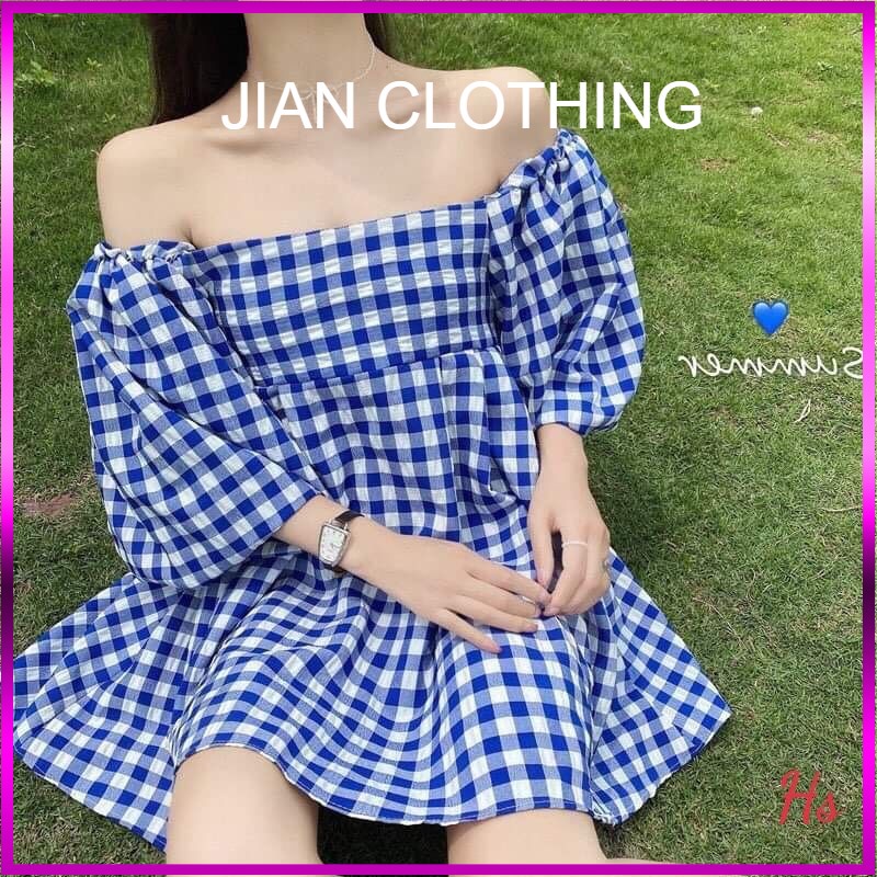 Đầm Babydoll Nữ Kẻ Xanh Cổ Vuông Váy Nữ Tay Bồng Dáng Xòe Jian Clothing