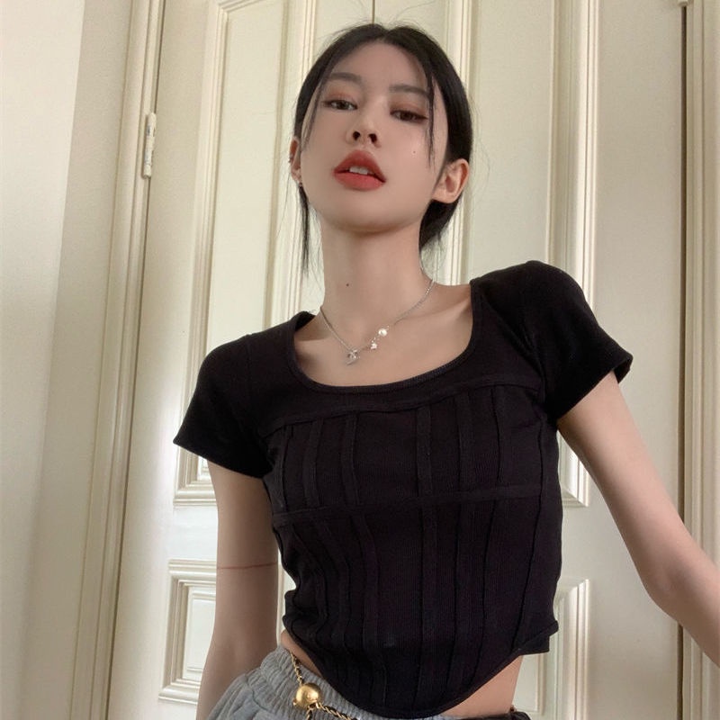 COZOK Áo Thun Ngắn Tay Cổ Vuông Dáng Ôm Hở Eo Xinh Xắn Thời Trang