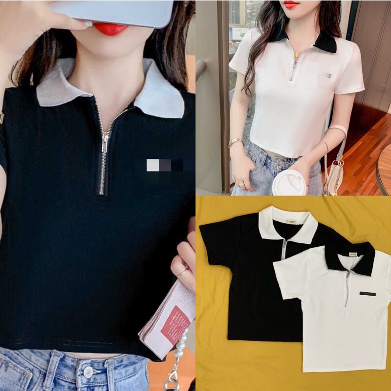 Áo thun croptop cổ bẻ phối dây kéo chất thun bo zip mịn đẹp-A23