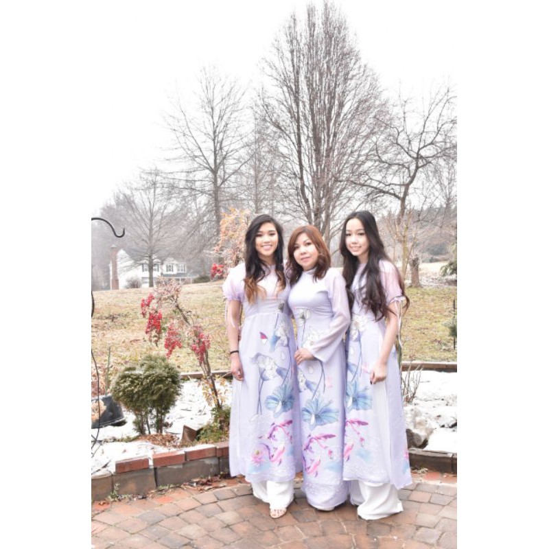 Áo dài nữ hoa sen thêu cườm tinh tế - mẫu mới - KHÔNG ĐÍNH KẾT