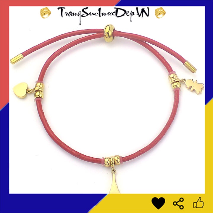 Vòng tay dây da màu đỏ kiểu rút bọc titan cao cấp mạ vàng sáng đẹp, dễ thương, tạo nên vẻ đẹp quyến rũ chotay của bạn