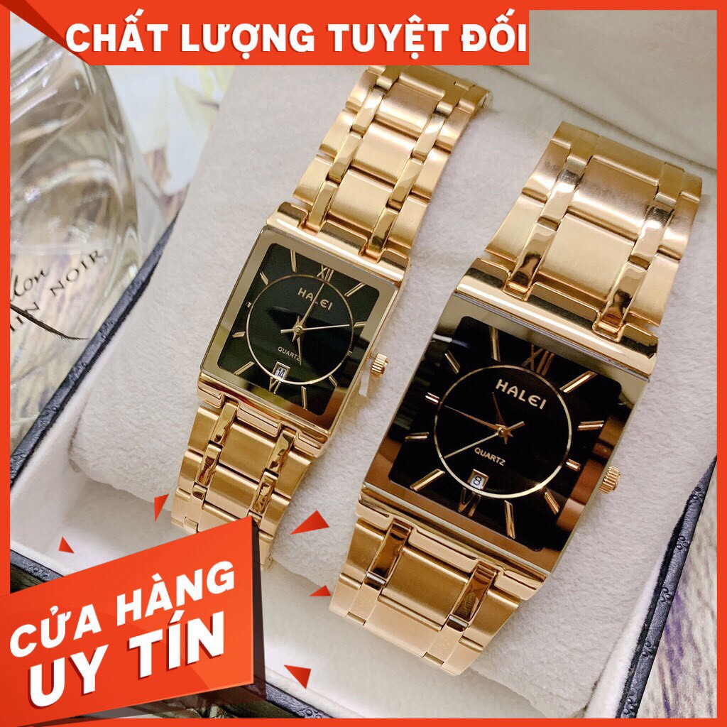 Đồng hồ cặp đôi nam nữ Halei T88 mặt đen vuông dây thép vàng cao cấp phong cách sang trọng quý phái