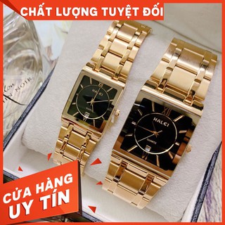 Đồng hồ cặp đôi nam nữ Halei T88 mặt đen vuông dây thép vàng cao cấp phong cách sang trọng quý phái