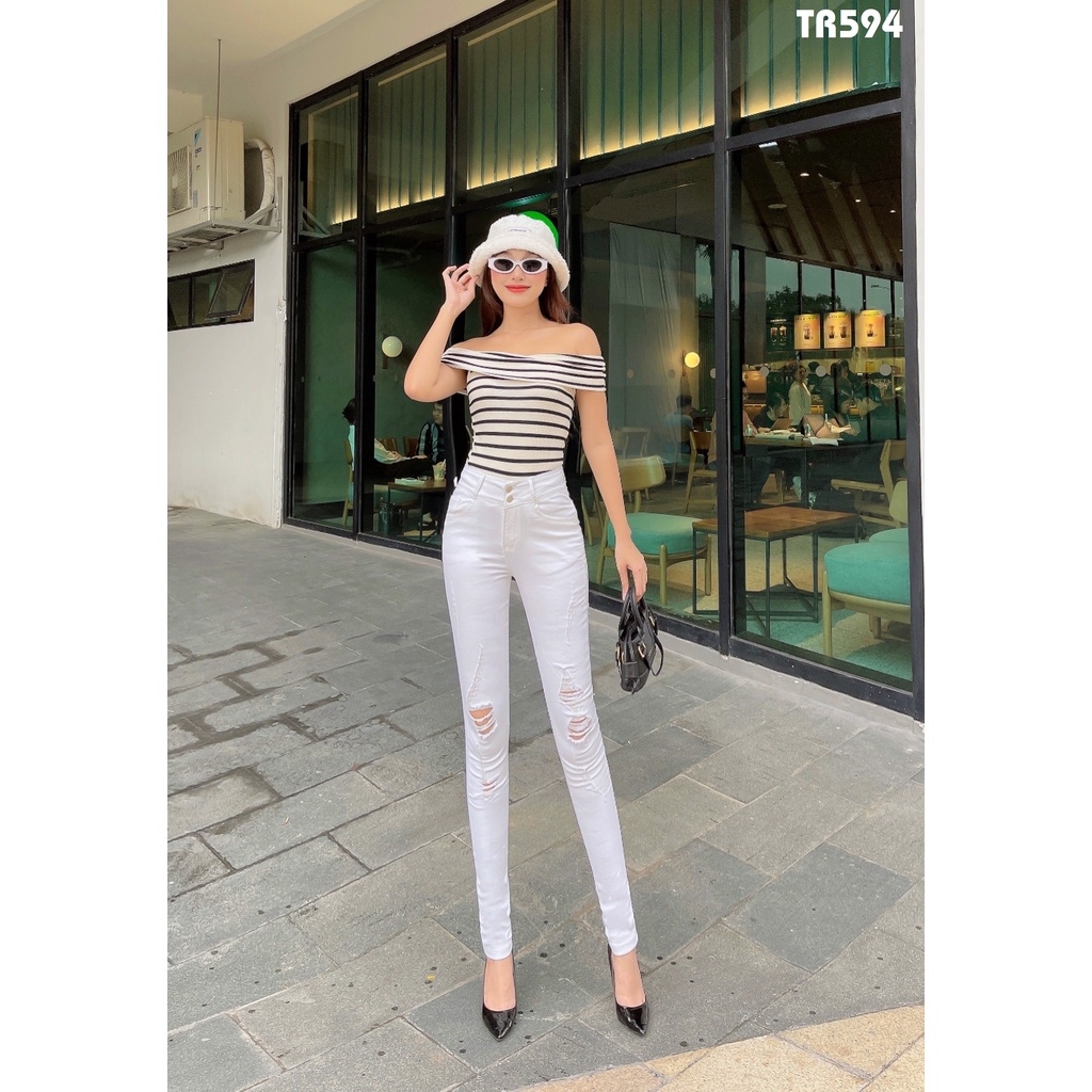 Quần jean nữ lưng cao 2 nút trắng co giãn dày dặn Tr594