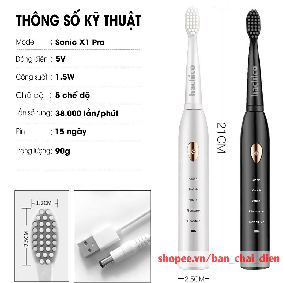 Bàn chải đánh răng điện tự động Sonic X1 với lông chải Dupont nhập khẩu Đức mềm mịn - Hachico