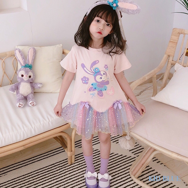 Đầm Cổ Tròn Tay Ngắn Phối Lưới In Họa Tiết Hoạt Hình Phong Cách Phương Tây Thời Trang Mùa Hè Cho Bé Gái
