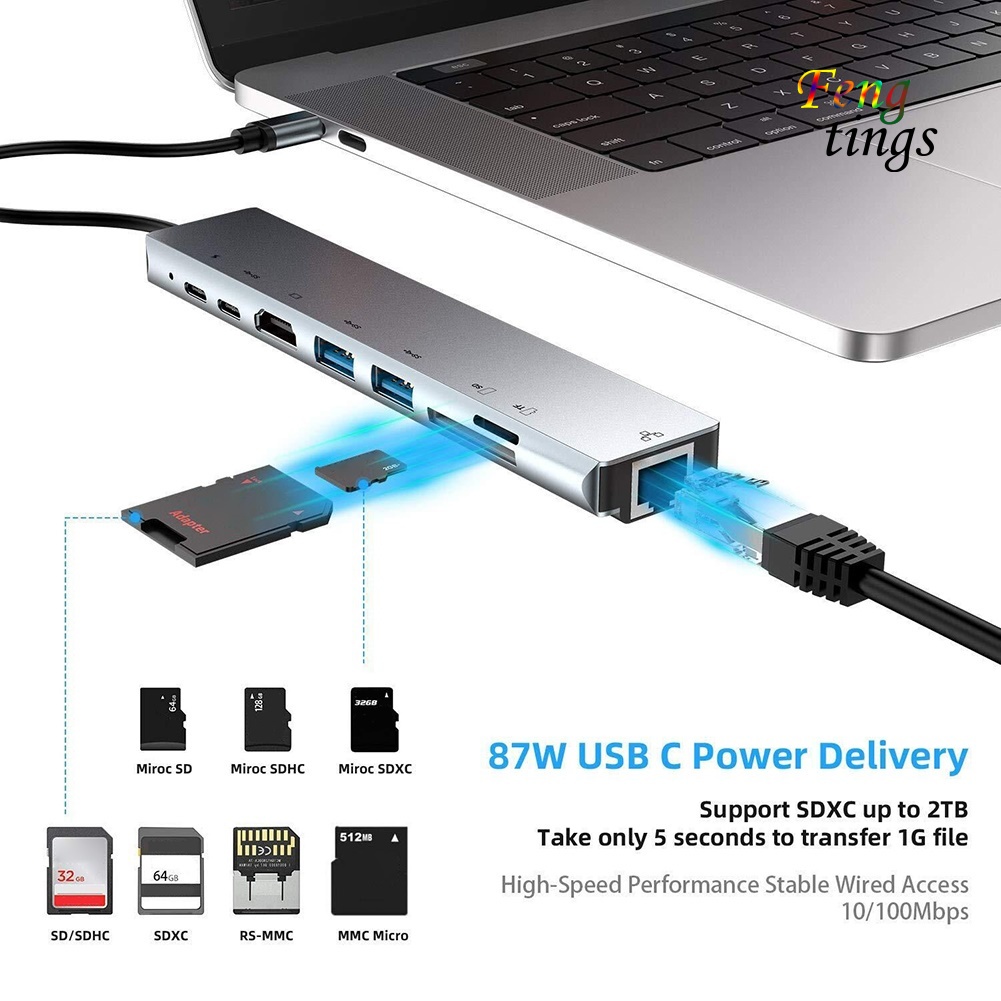 Bộ Chuyển Đổi Hub Đa Năng 8 Trong 1 Type-C Sang 4k Hdmi-Compatible Rj45 Usb 3.0 Tf Pd