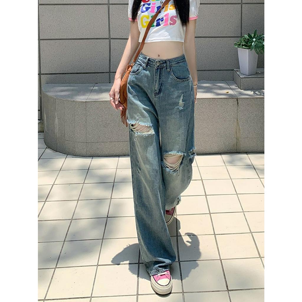 「 WELOVE1 」Quần Denim Cạp Cao Rách Gối