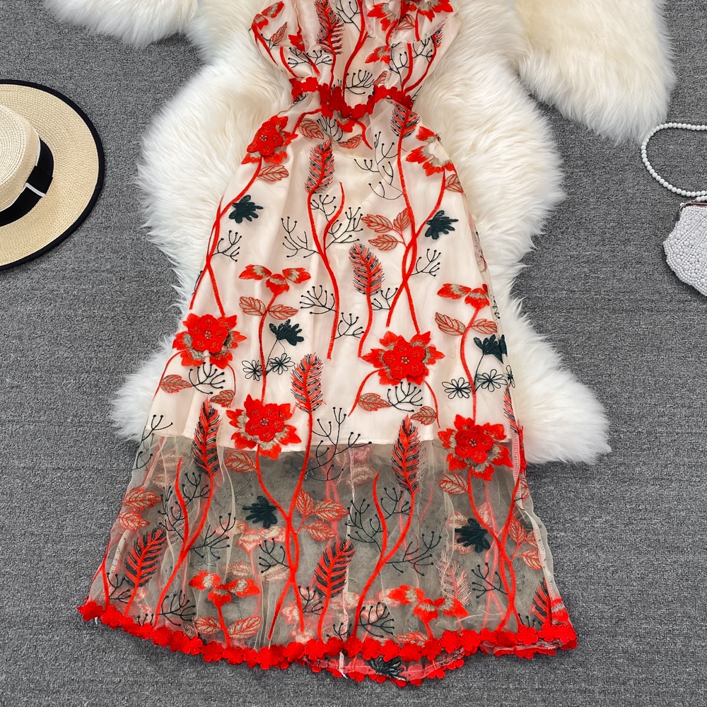 #1191  Đầm hai dây màu đỏ chất ren sexy đủ size