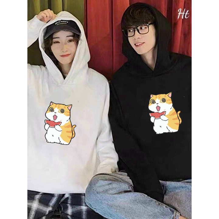 ÁO KHOÁC NỈ UNISEX IN CẶP MÈO ĂN DƯA CỰC ĐẸP HAI MÀU ĐEN TRẮNG