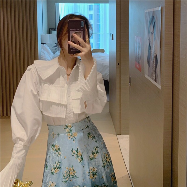 [Mã WAMT1505 giảm 10K đơn 0K] Set Áo Sơmi Cổ Quạt Kèm Váy Hoa Thanh Lịch Công Sở