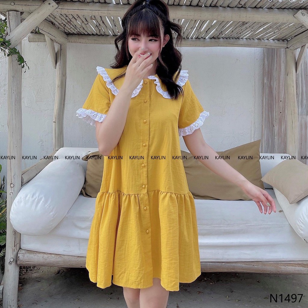 Váy Đầm Suông Phối Bèo Chạy Ren,Tay Ngắn Cài Nút Chất Liệu Umi Mẫu Free Size Dưới 56kg,Phù Hợp Mọi Với Mọi Phong Cách