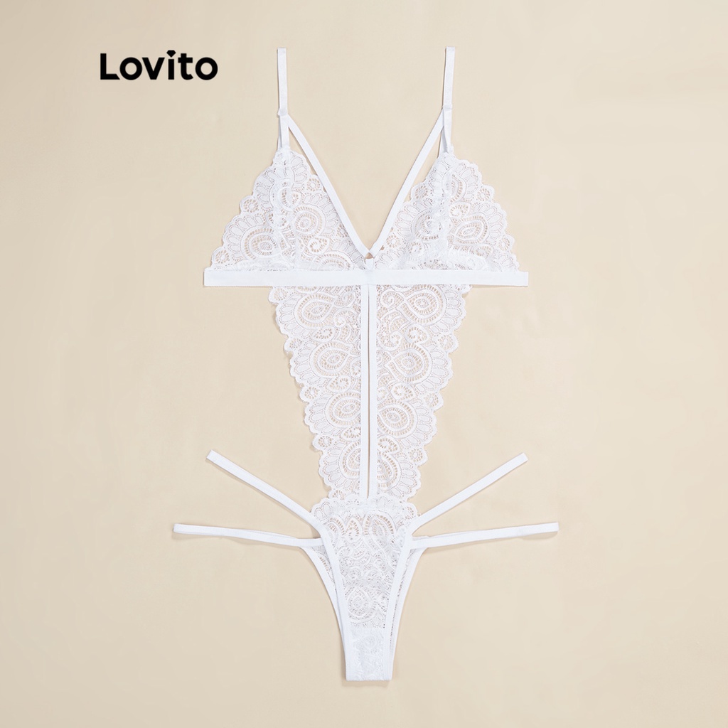 Đồ lót Lovito vải ren xuyên thấu dây chéo Teddy sexy L17X476 (Màu trắng/Màu đen)