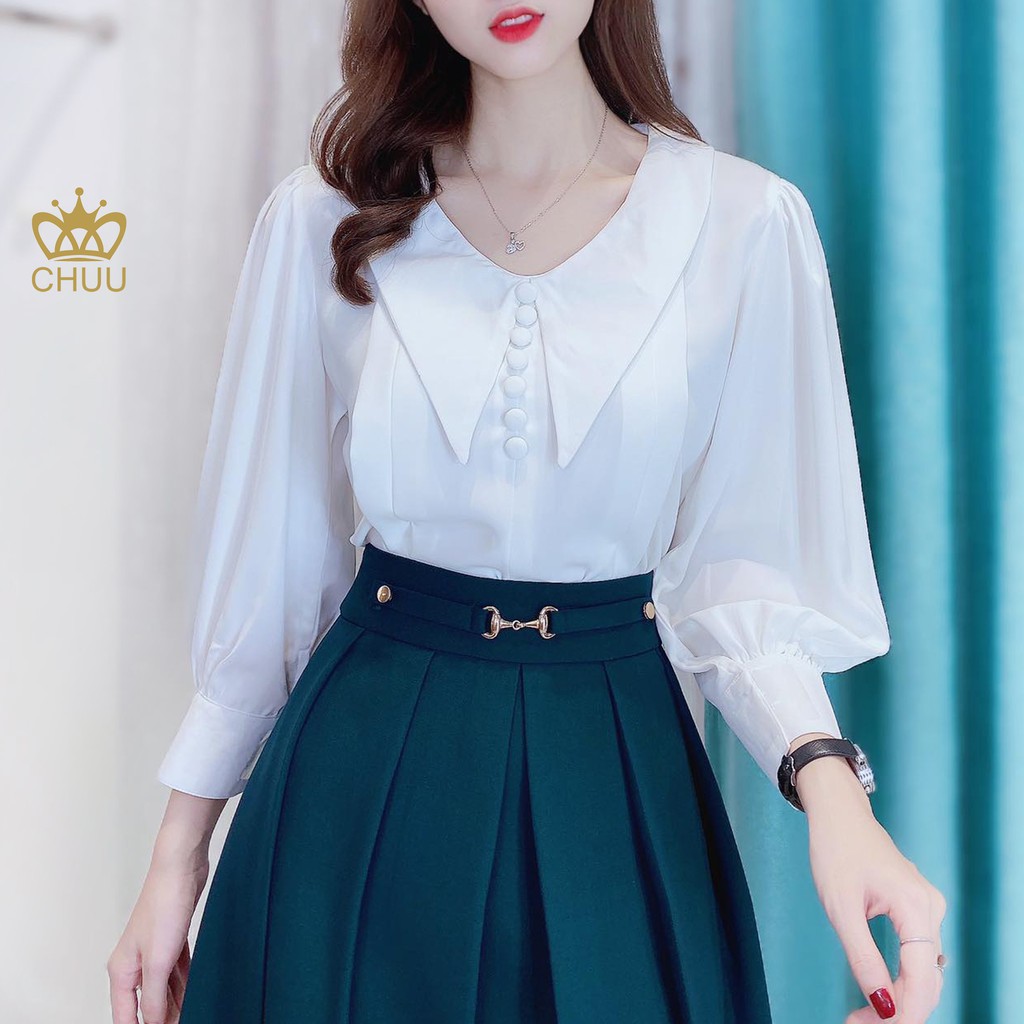 Áo kiểu công sở nữ cổ nhọn đính nút bọc tay phồng CHUU A6933