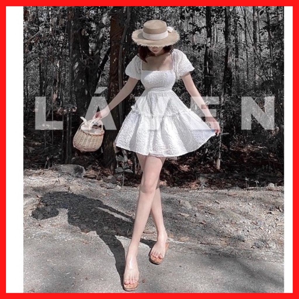 maxi đi biển,đầm tay phồng tùng xòe nhún tầng cổ vuông xinh xắn