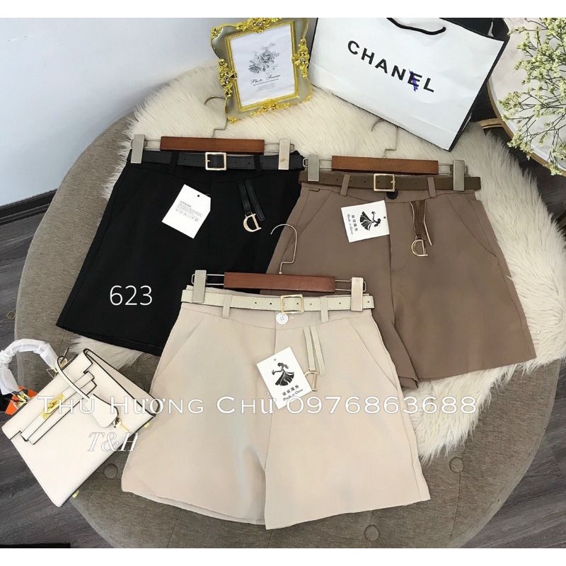 Quần sooc vải trơn chữ D kèm đai hàng QC