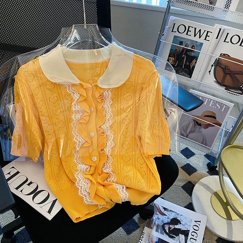 Áo Thun Tay Ngắn Phồng Cổ Polo Phối Ren Thời Trang Mùa Hè