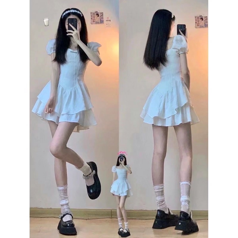 Set hai sản phẩm váy tay bồng cúp ngực hoạ tiết nổi và chân váy tạo hiệu ứng bồng bềnh hai tầng siêu xinh✨