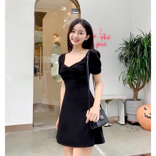 Đầm đen cotton cúp ngực cổ vuông dáng xòe-hình thật shop chụp