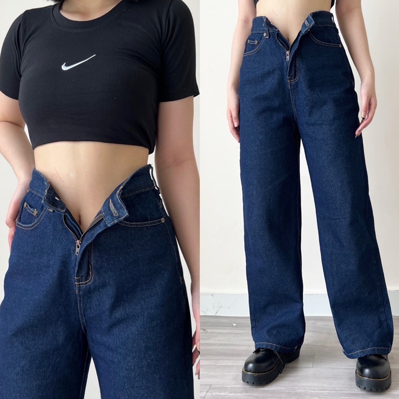 [NEW] Quần jean nữ lưng siêu cao dáng ống rộng màu xanh đậm, hàng cao cấp - Ms04