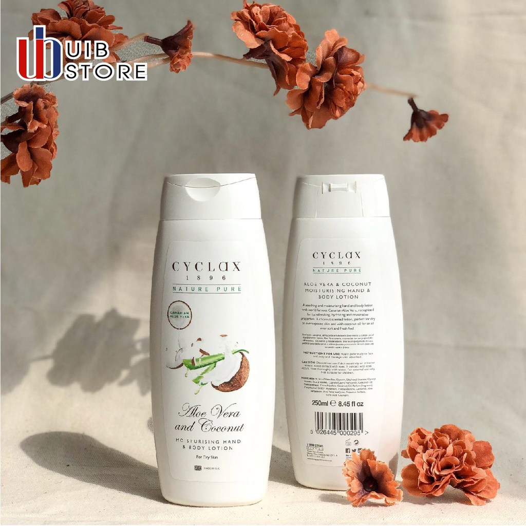 Lotion dưỡng ẩm cho da tay và cơ thể chiết xuất lô hội, dừa-Aloe vera and coconut moisturising hand &amp; body lotion CYCLAX