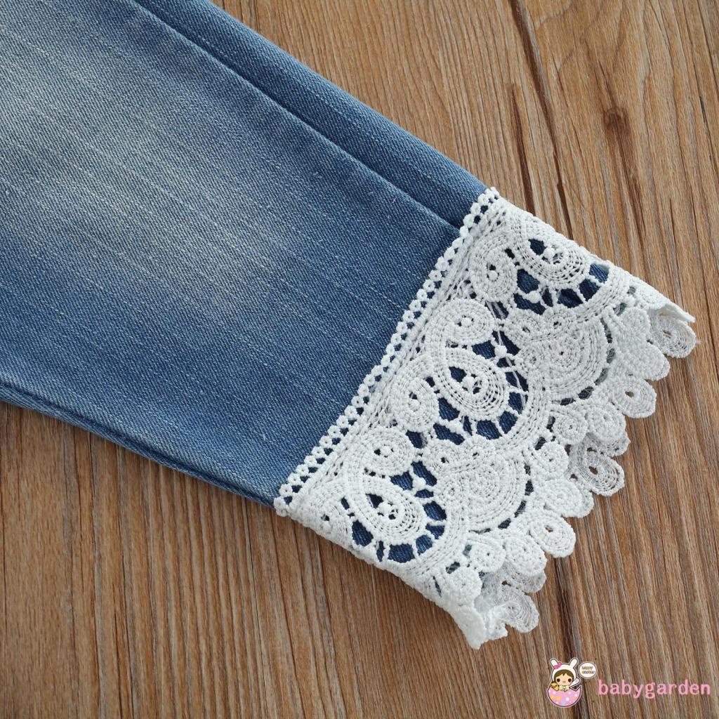 Set Đồ 2 Món Áo Tay Ngắn Màu Trơn Phối Ren + Quần Denim Thời Trang Cho Bé Gái 1-6 Tuổi