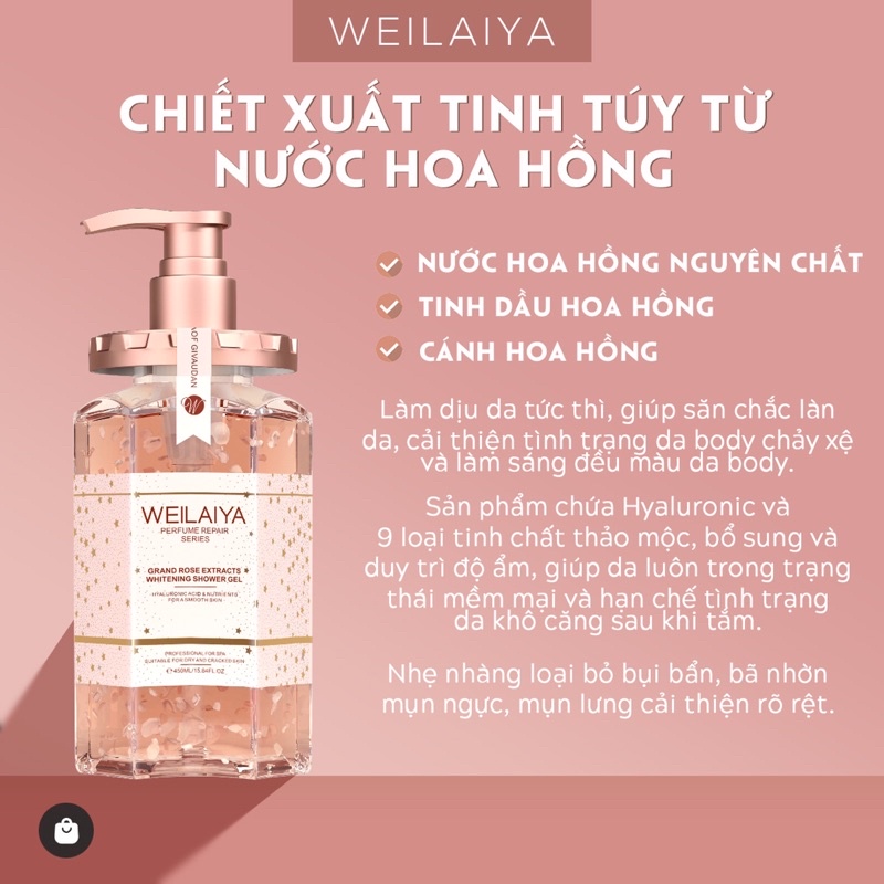 Sữa tắm nước hoa trắng da Weilaiya, tinh chất hoa hồng Damask 450ml chính hãng