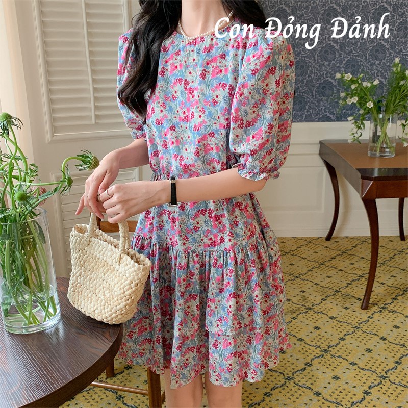 Đầm Hoa Nhí Ngắn Tay Dáng Xòe Thắt Eo con đỏng đảnh VD081