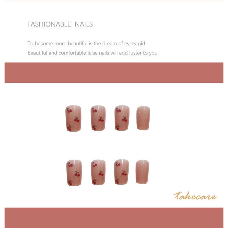 [Hàng mới về] Bộ 24 Móng Tay Giả Ngắn In Họa Tiết Trái Cherry Đáng Yêu Sành Điệu