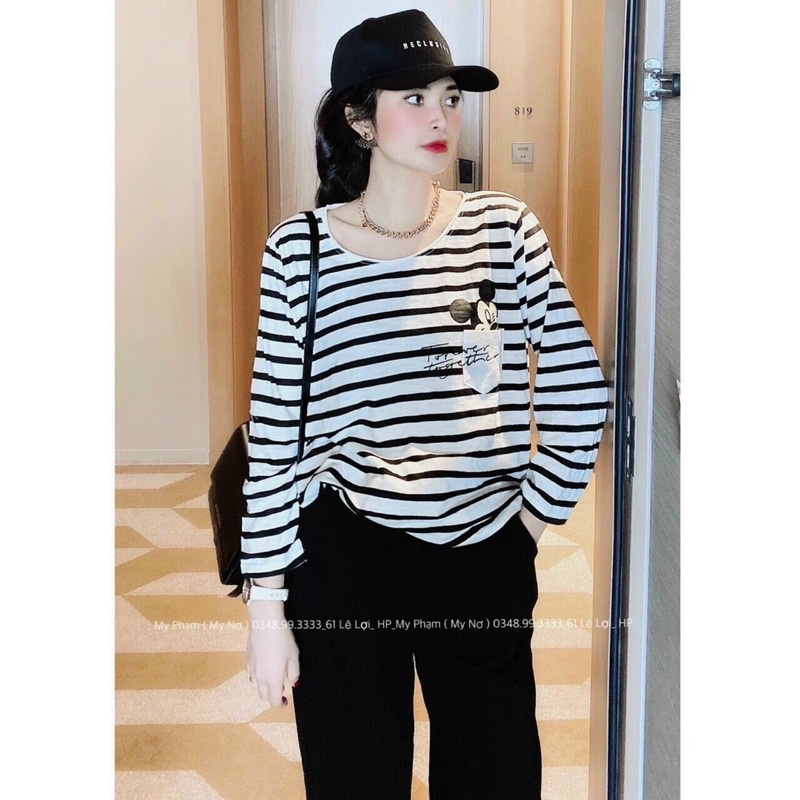 {Freeship} Set Bộ Thun Gân chất đẹp Áo Sọc Trắng Đen Tay Dài Quần Suông Rộng