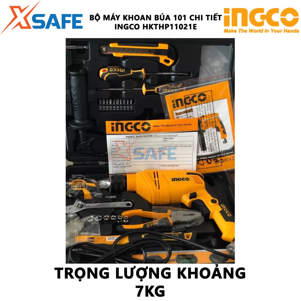 Bộ máy khoan búa cầm tay 650W 13mm kèm 100 dụng cụ INGCO HKTHP11021E -Gồm 1 máy khoan cầm tay công suất 650w và phụ kiện