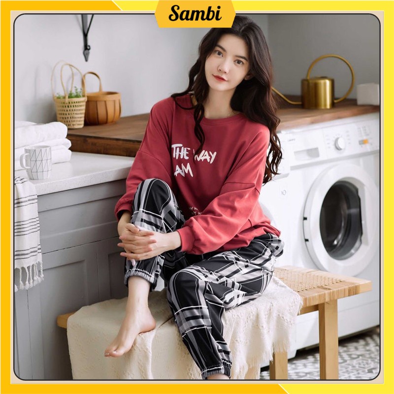 Bộ đồ thu đông nữ Sambi bộ mặc nhà dài tay quần kẻ họa tiết dễ thương cao cấp | BigBuy360 - bigbuy360.vn