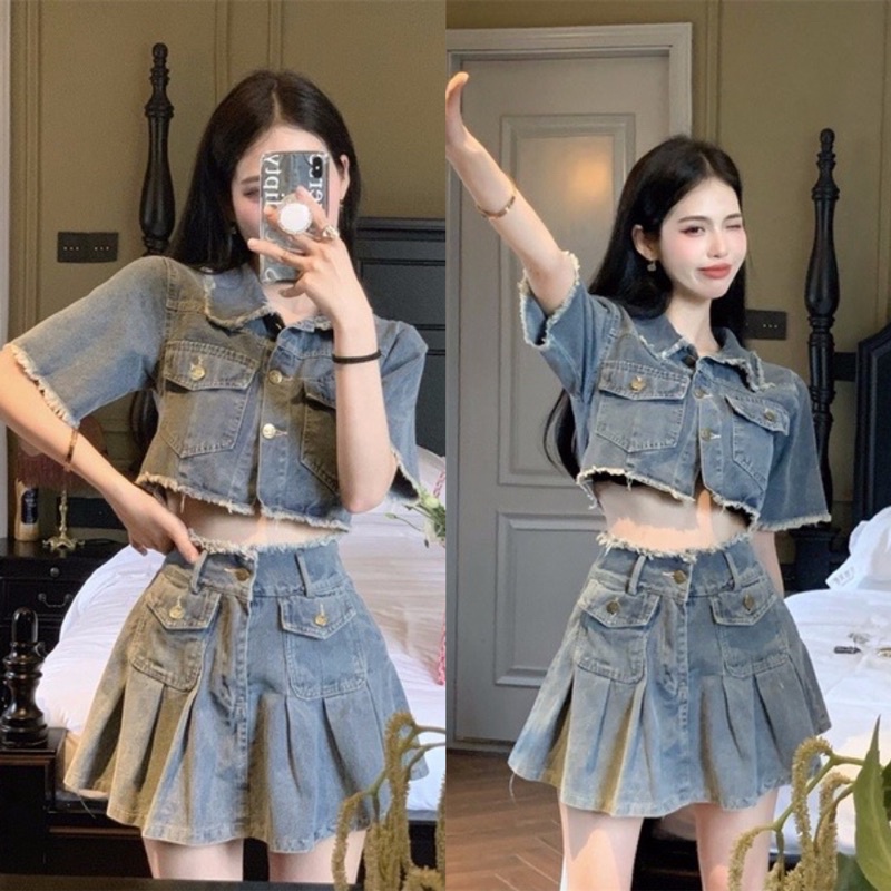 Set áo jeans croptop mix chân váy xếp ly nắp túi tua viền siêu hot-sét bộ đồ đi chới chất bò dáng ngắn váy ngắn hàn quốc