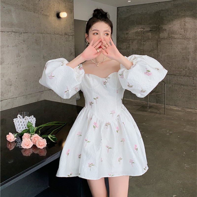 Đầm Tay Phồng Cổ Vuông Thời Trang Mùa Hè Phong Cách Retro Dễ Phối Đồ