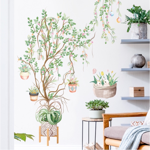 Decal trang trí tường - Chậu cây hoa với nhiều cành