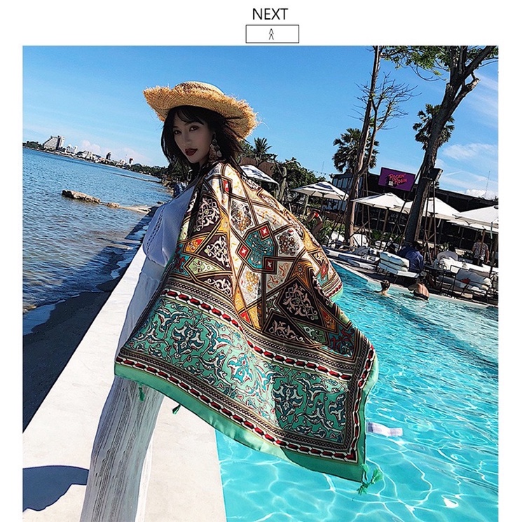 Khăn Choàng Boho Thổ Cẩm Đi Biển Hoạ Tiết Xanh Nhẹ Nhàng sáng Da
