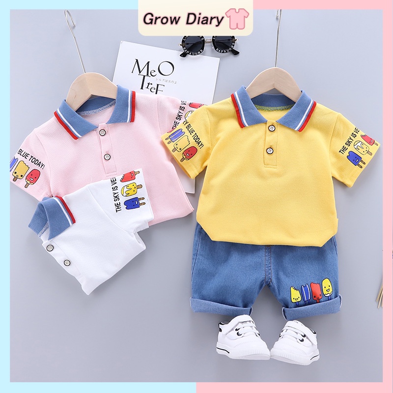Bộ Áo Thun Polo Ngắn Tay In Hoạt Hình + Quần Jean Ngắn Thời Trang Mùa Hè Cho Bé Trai 1-6 Tuổi