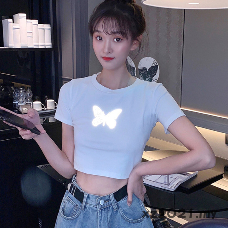 Áo Crop Top Nữ In Hình Bướm Màu Trắng Đen