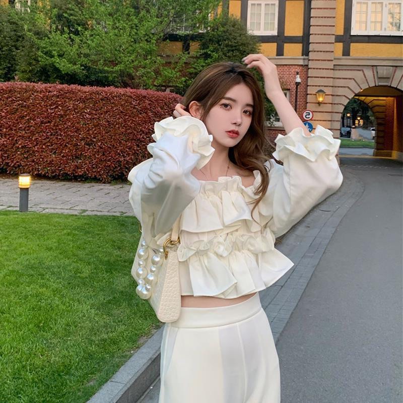Áo Trễ Vai Croptop Bèo Nhún Trắng Bánh Bèo Nữ Tiểu Thư Dài Tay