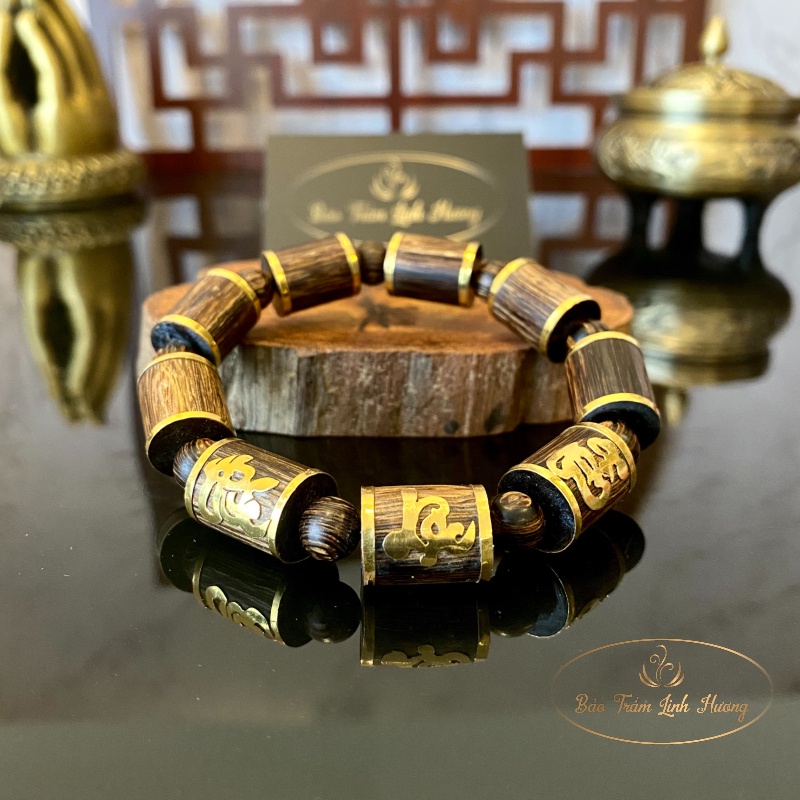 Vòng Tay Trầm Hương Phong Thủy [CHÍNH HÃNG] Hạt Trúc Mix Vàng Phúc Lộc Thọ Tự Nhiên 10 12 mm Cao Cấp - Quà Tặng Nam Nữ